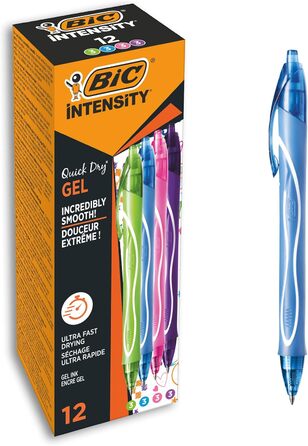 Ручка для роликів BIC 964826 Gel-ocity Quick Dry, 12 гелевих ручок 4 різних кольорів, середня ширина лінії, з прогумованою поверхнею рукоятки