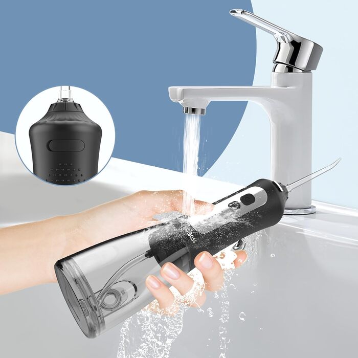 Бездротовий іригатор для порожнини рота та догляду за яснами, 6 багатофункціональних насадок, LED-дисплей, USB-зарядка, кейс для подорожей у комплекті. Електричний іригатор для імплантів та здоровя ясен (Чорний)