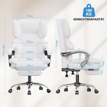 Офісне крісло naspaluro з підставкою для ніг, ергономічне робоче крісло, комп&39ютерне крісло зі штучної шкіри з м&39якими підлокітниками та м&39яким підголівником, функція нахилу, поворотне крісло з регулюванням висоти, білий колір, без підігріву