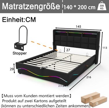Ліжко-міні-гарнітур 140x200 см із зарядною станцією USB/Type-C, різнокольоровим світлодіодним підсвічуванням, полицею біля узголів&39я та великим місцем для зберігання під ліжком, шкіряне, чорне. Ліжко 140 x 200 см Ebd854-bk