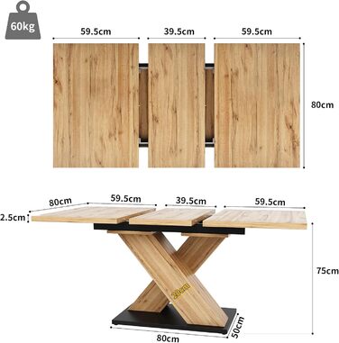 Розсувний дерев&39яний обідній стіл, кухонний стіл 120/160x80x75см, розсувний обідній стіл на 4-6 осіб, опора з алюмінієвого сплаву, розсувний обідній стіл (квадратний, дерево A) Деревина A квадратна