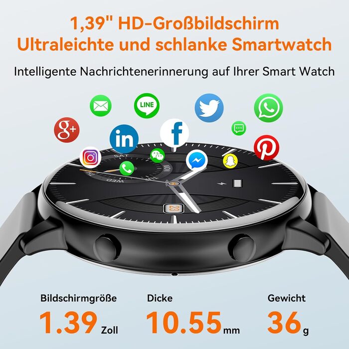 Розумний годинник Hwagol для жінок та чоловіків, 1,39-дюймовий сенсорний смарт-годинник із Bluetooth-дзвінками, годинник із понад 140 спортивними режимами, монітор SpO2, монітор серцевого ритму, монітор сну, крокомір, наручний годинник для iOS та Android,