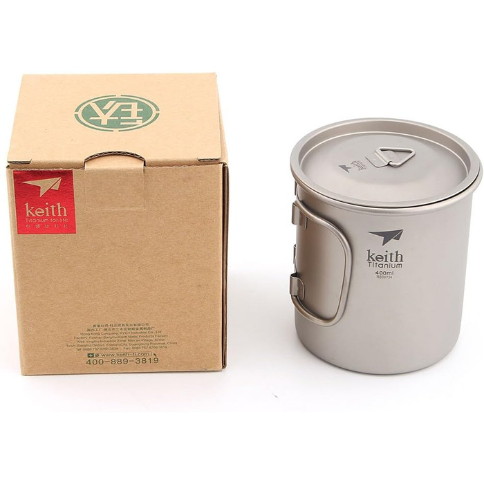Титанова чашка для пиття Keith Ti3203, зі складними ручками, з одною стінкою, для активного відпочинку, кемпінгу, подорожей, досліджень, портативна, 400 мл