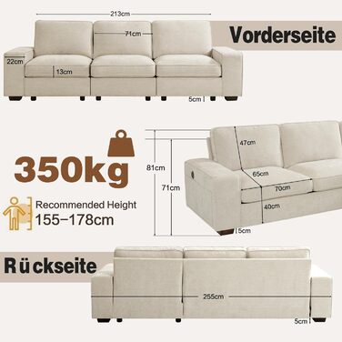 Розкладний секційний диван 250 см з шезлонгом, сучасний L-подібний двосторонній дизайн, зручна тканина шеніл, знімні чохли для подушок, порти USB Type-C (бежевий, 3-місний L-подібний)