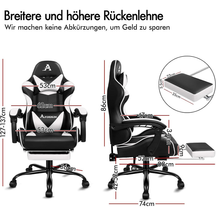 Ігрове масажне крісло ALFORDSON, нахил 150, ергономічне крісло для керівника, шкіра синтетична з підставкою для ніг, регулювання висоти, спортивне крісло, вантажопідйомність 180 кг, білий Vogler - серія White Vogler