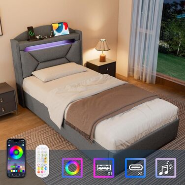 М&39яке односпальне ліжко 90x200 см зі світлодіодним освітленням, портом USB-C, гідравлічним ліжком, дитяче ліжко з місцем для зберігання та узголів&39ям, каркас ліжка з металевим каркасом, коробкою для зберігання та рейковою основою, лляне, сіре, без мат