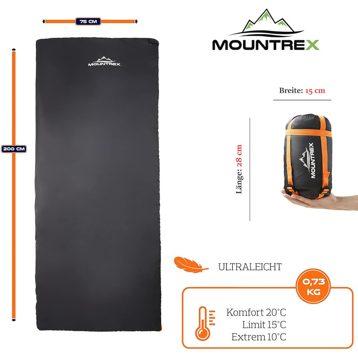 Спальний мішок MOUNTREX - Маленький розмір упаковки та надлегкий (700 г) Літній спальний мішок-ковдра - Літній спальний мішок для активного відпочинку на природі - Кемпінг, подорожі, фестивалі - З&39єднується Чорний - Лівий