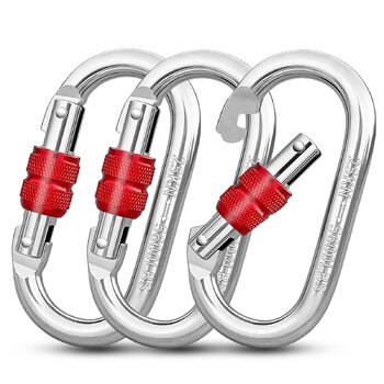 Карабіни-гачки 25KN, O-подібні надміцні запобіжні карабіни, нержавіюча сталь, вантажопідйомність 2500 кг, карабін для скелелазіння, йоги, гамака, кемпінгу, гойдалки, 25KN, 3 шт., срібний червоний