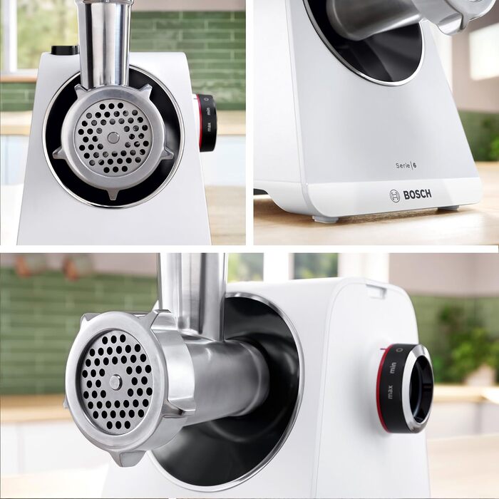 М'ясорубка Bosch MultiPower Serie 6 MFWS607W, 2 перфораційні решітки (4,5 та 8 мм), нержавіюча сталь, підходить для посудомийки, насадки для кеббе та ковбас, потужність 2100 Вт, біла