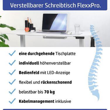 Стіл FlexxPro з регульованою висотою 3 розміри та 2 кольори Безперервна робоча поверхня Включно зі світлодіодною панеллю керування та системою керування кабелями Електричне регулювання та ергономічний 100x60 см, білий