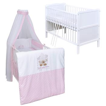 Комплект дитячого ліжка Generic Baby Deluxe, дитяче ліжко 60x120 см, що трансформується в дитяче ліжко, біле, 10 предметів, комплект постільної білизни Max, матрац, шифоновий балдахін (блискучий рожевий)