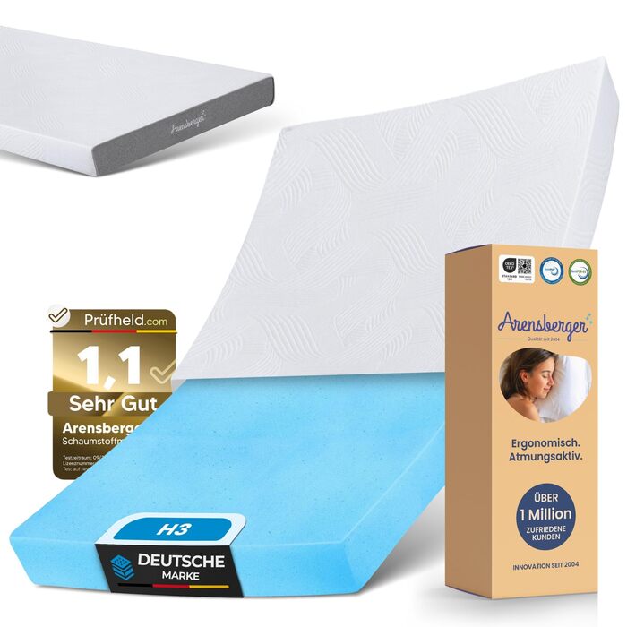 Матрац Arensberger LINA 90x200 см, висота 11 см Гелева піна NANOCELL Середньої жорсткості H3 Преміальний чохол 240 г/м Можна прати при 60C Матрац з холодної піни 90x200 Рейтинг 1.1 Сертифіковано Oeko-Tex 90 x 200 см 11 см