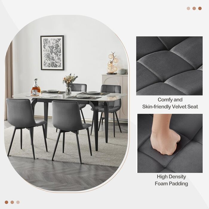 Обідні стільці EUGAD, комплект з 4 шт. , для їдальні, кухні, вітальні, м&39які кухонні стільці зі спинкою, оксамитовий чохол, з металевими ніжками, вантажопідйомність 150 кг, темно-сірий, комплект з 4 предметів (44 x 81 x 51 см)