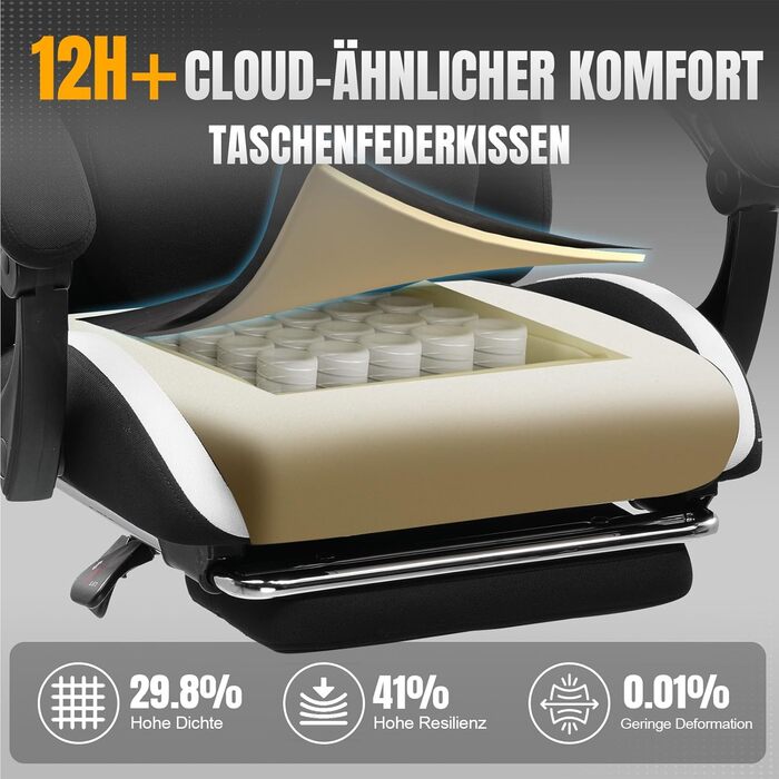 Ігрове крісло GTPLAYER, ігрове крісло, дихаюче офісне крісло з високоякісної тканини, ергономічне крісло для ПК, регульоване та поворотне робоче крісло 150 кг, чорно-біле