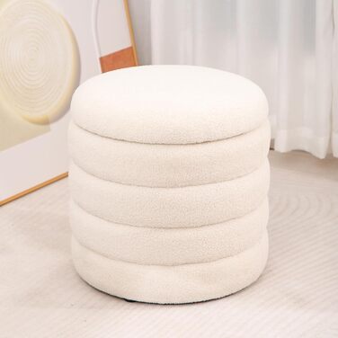 Круглий стілець для зберігання речей з плюшевої тканини - м&39який стілець, круглий туалетний столик для вітальні, спальні та коридору, Ø 46 x 47 см, білий 46x46x47 см