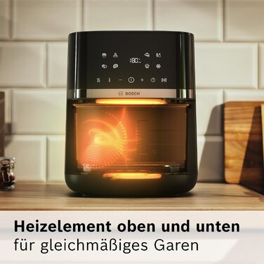Аерофритюрниця Bosch Serie 4 XL, чорна, об'єм 6,1 л, 7 попередніх налаштувань, функції розморожування та підігріву, сенсорний екран, прискорене приготування до 60, MAF462B0