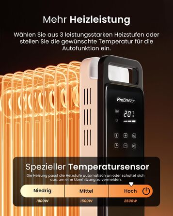 Масляний радіатор Pro Breeze OmniWarm потужністю 2500 Вт з 11 ребрами, електричним нагрівом - енергозберігаючий масляний радіатор, 3 режими нагріву, регульований термостат, 24-годинний таймер, сенсорний дисплей та функція безпечного відключення, білий - н