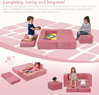Дитячий диван MeMoreCool з вельвету, розкладний диван з пінопласту, модульний міні-диван для дитячої кімнати та спальні, рожевий вельветовий рожевий