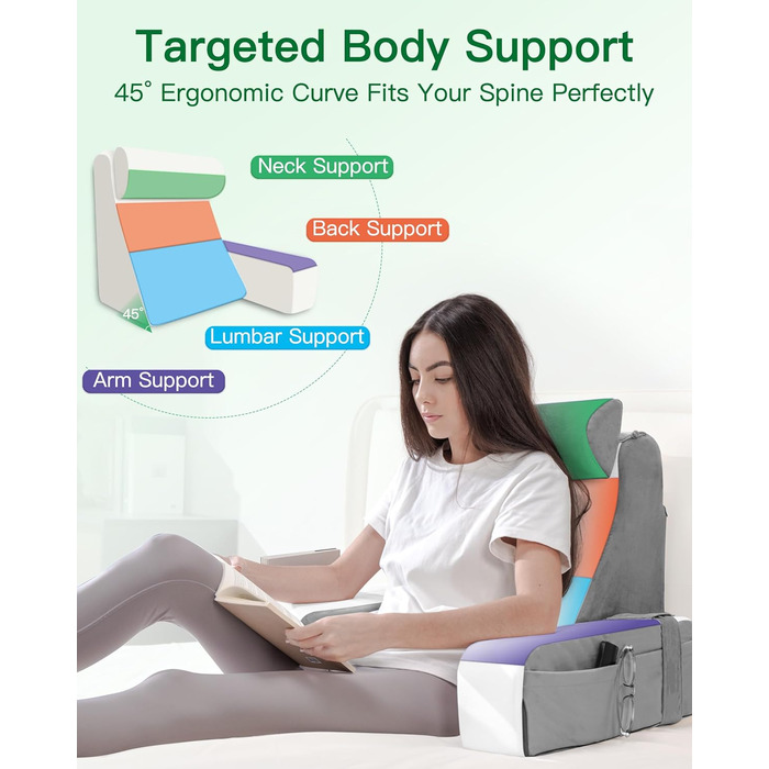 Подушка для читання для ліжка та дивана, подушка для книги зі знімним потиличним валиком та підлокітником, подушка для спини ліжка, настінна подушка, багатофункціональна клиноподібна подушка для читання, роботи, перегляду телевізора