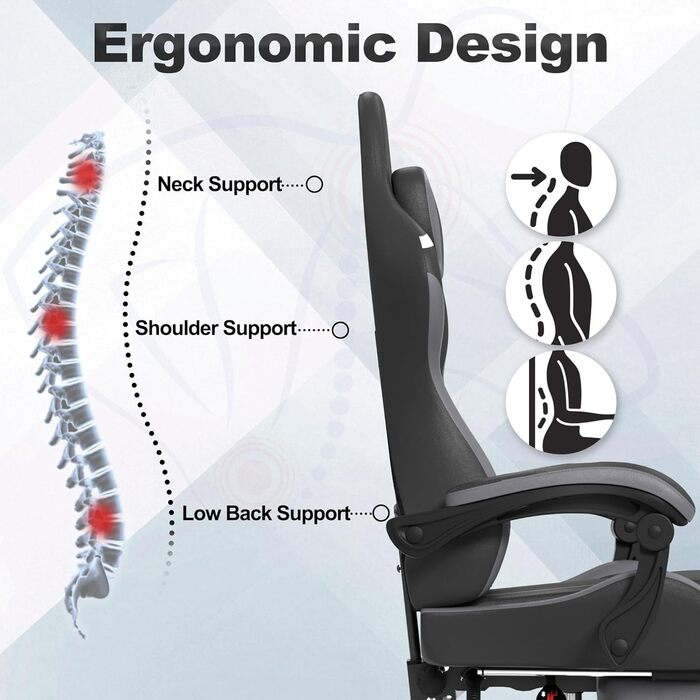Ігрове крісло Froadp з масажем, підставкою для ніг та підголівником, ергономічне ігрове крісло з масажною поперековою подушкою, регульована спинка 90-135, шкіра штучна - чорний, сірий та білий