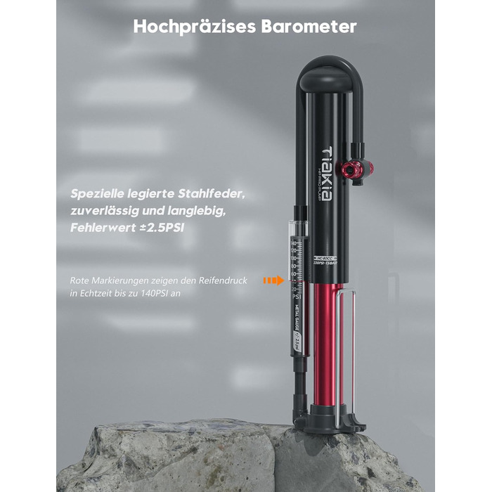 Велосипедний насос Tiakia з манометром, маленький велосипедний насос для всіх типів вентилів, алюмінієвий міні-насос для підлоги, портативний насос для шин для вентилів Schrader та Presta, для шосейних та гірських велосипедів, 220 PSI/15 BAR