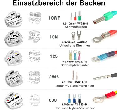 Набір обтискних кліщів KF CPTEC Набір змінних губок Обтискні кліщі Кабельні наконечники для термоусадочних з'єднувачів, ізольовані та неізольовані клеми, наконечники, плоскогубці для сонячних з'єднувачів, плоскогубці з наконечниками Набір інструментів для