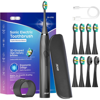 Електрична зубна щітка, Seago Electric Toothbrush with Pressure Sensor, 40000 VPM 8 Soft Brush Heads 5 Modes, Sonic Toothbrush with Toothbrush Holder, Travel Case, for Adults, SG-2752 (чорний)