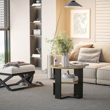 Круглий дубовий журнальний столик Ø53 см - Невеликий журнальний столик з полицею - 2 яруси, круглий сучасний журнальний столик в промисловому дизайні - Зроблено в ЄС Чорний та дубовий Діаметр 53 см