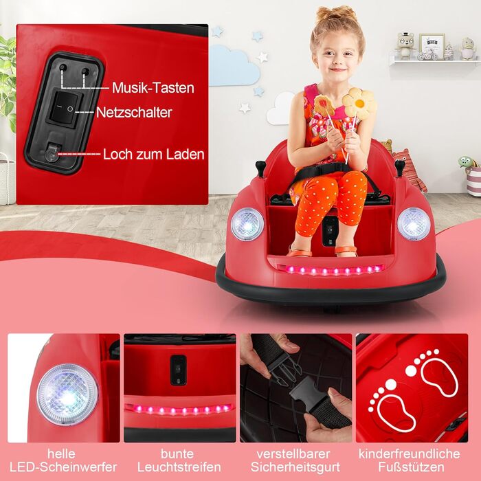 Дитячий бамперний автомобіль COSTWAY 12V, електричний бамперний автомобіль з пультом дистанційного керування та світлодіодними ліх