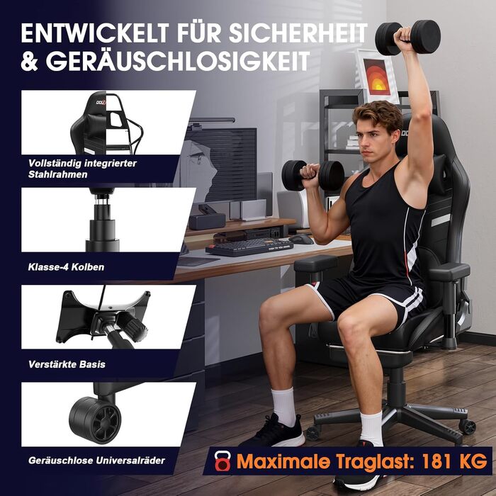 Ігрове крісло Douxlife з функцією розминання, масажу та підігріву, ергономічне офісне крісло з підставкою для ніг, регульоване на 90-175, м&39які 2D підлокітники, ігрове крісло для ПК, 181 кг, чорний колір