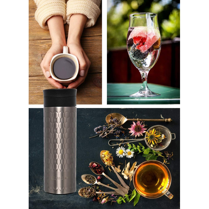 Пляшка для чаю з заварювальним контейнером - 480 мл - ізольована термокружка з нержавіючої сталі - чайник з вставкою для заварювання - отвір для пиття на 360 - 100 герметичний, екологічний (сірий) Сірий 480 мл