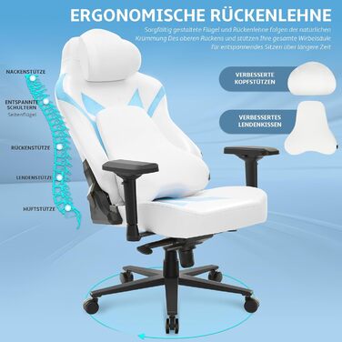 Геймерське крісло, ігрове крісло вантажопідйомністю 200 кг, ергономічне офісне крісло з функцією гойдання, геймерське крісло з підголівником та поперековою опорою, 4D підлокітники, офісне крісло з високою спинкою, ігрове крісло, біло-синє