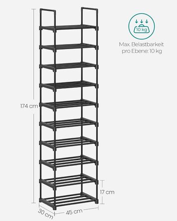 Рівнева взуттєва полиця, висока відкрита шафа для взуття, вузька підставка для взуття, металеве місце для зберігання взуття, компактне, для гардеробної, передпокою, 30 x 45 x 174 см, чорний LSA25BK 10 ярусів (45B см) чорний, 10-
