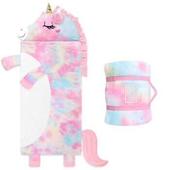 Дитячий спальний мішок зі знімною подушкою, теплий та пухнастий дизайн у формі слона, подвійна блискавка для дівчаток та хлопчиків, складний великий спальний мішок-ковдра для кемпінгу в приміщенні та на свіжому повітрі, єдиноріг 170x70 см