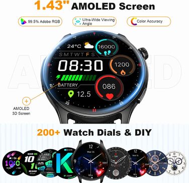 Розумний годинник для чоловіків та жінок з функцією телефону функція Bluetooth-дзвінків, водонепроникний фітнес-трекер, розумний годинник з пульсометром, монітор сну, крокомір, спортивний годинник, Android/iOS, чорний