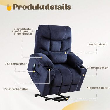 Електричне підйомне крісло, крісло-реклайнер з вібраційним масажем та функцією підігріву, зручне для людей похилого віку крісло для телевізора з безступінчастим регулюванням, пульт дистанційного керування, порт USB та Type-C, 3 положення (синє)