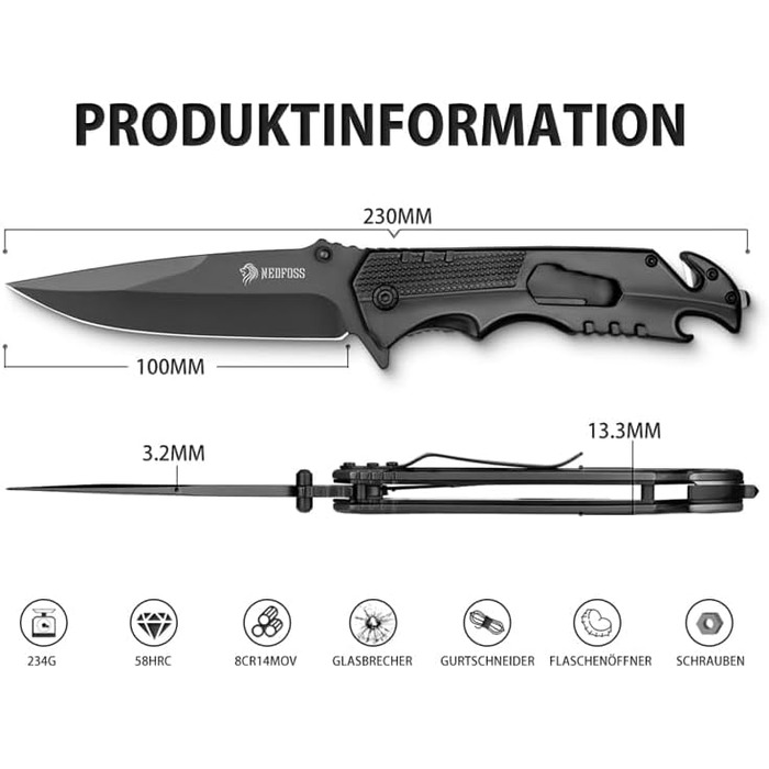 Кишеньковий ніж NedFoss FA48, 10-сантиметровий рятувальний ніж з різаком для ременя, склобій та відкривачка для пляшок, складаний