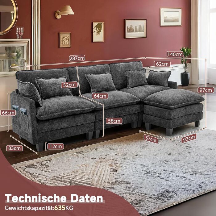 Модульний кутовий диван, L-подібний диван для вітальні, надзвичайно глибокі, зручні дивани-хмарки з шенілу з декоративними подушками та розсувною оттоманкою (чорний, 3 місця з 1 оттоманкою) Чорний 3 місця з 1 оттоманкою