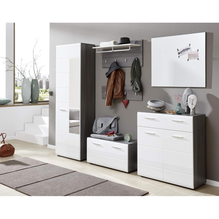 Комод - Димчасто-сріблястий/Білий глянцевий - Шафа для взуття з місцем для 12 пар взуття - (Ш x В x Г) 80 x 87 x 35 см - Хромовані ручки - Стійкий до подряпин Sardegna Димчасто-сріблястий меламін/Білий глянцевий 80 x 87 x 35 см