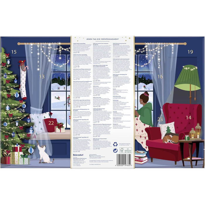 Різдвяний календар NIVEA 2025 24 дверцята з приємними сюрпризами, різдвяний календар із засобами догляду, набір засобів догляду на період Різдва, продукти NIVEA та Labello