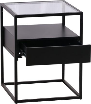 Журнальний столик Vissenbjerg, тумбочка з 1 шухлядою, стіл для вітальні, 51 x 40 x 40 см, столик для дивана, стільниця із загартованого скла, квадратний металевий каркас, чорний, матовий