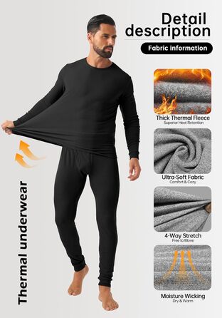 Чоловічий комплект термобілизни QIXING з флісовою підкладкою, важкий, 4-сторонній еластичний базовий шар для зимового катання на лижах, футболу, чорного кольору, розмір L