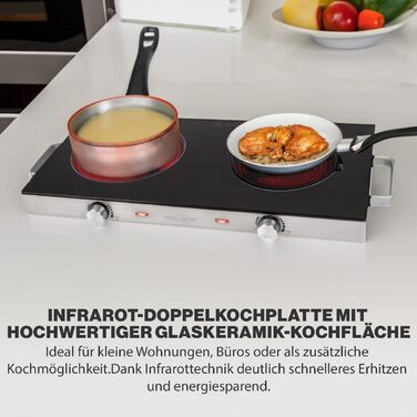 Інфрачервона подвійна конфорка ProfiCook Енергозберігаюча плита з двома варильними поверхнями Варильна поверхня зі стійкого до подряпин склокераміки Варильна плита для всіх типів каструль Подвійна конфорка 2800 Вт ПК-ДКП 1211