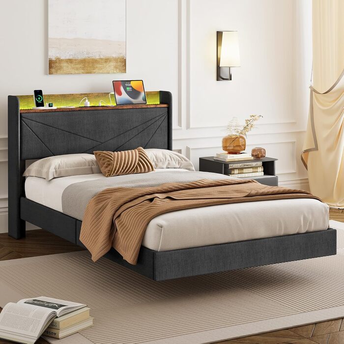 М&39яке ліжко IRONCK 120x200 см, Ліжко 120x200 зі світлодіодним освітленням та зарядною станцією (2 розетки змінного струму, порти USBType-C), Каркас ліжка з місцем для зберігання, Плаваюче односпальне ліжко з рейковою основою, Льняне, Сірий 120 x 200 см