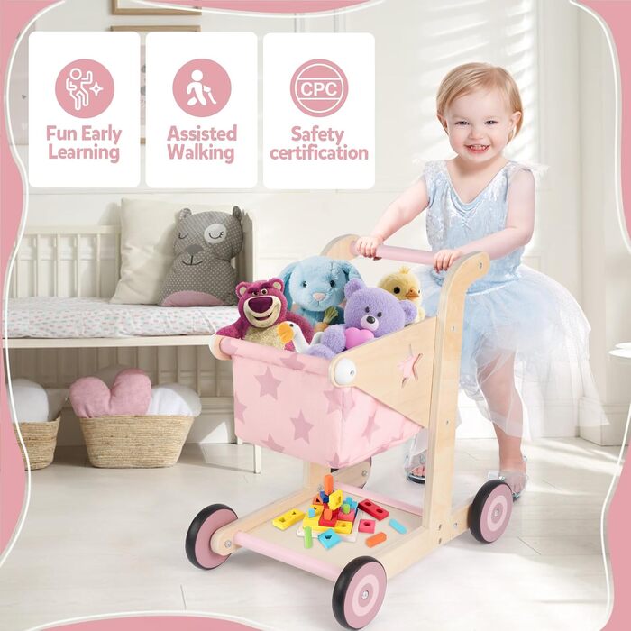 Дерев&39яні ходунки Asweets 2-в-1, коляска для ляльок, що штовхає та тягне, ходунки для малюків, іграшка для малюків від 12 місяців (рожеві)
