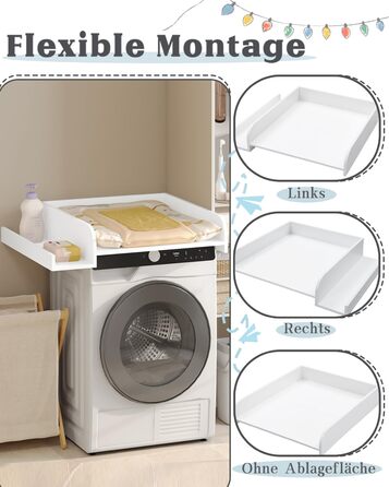 Насадка для пеленального столика WOLTU для пральної та сушильної машин, з бічною полицею та ременем безпеки, біла, 80 x 16,5 x 70 см