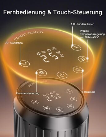 Енергозберігаючий керамічний електричний обігрівач потужністю 2000 Вт з дистанційним керуванням, ефектом димоходу, термостатом, коливаннями 70, режимом ECO, 3 режимами, таймером 1-8 годин, захистом від перегріву та перекидання, тихою роботою для офісу та 