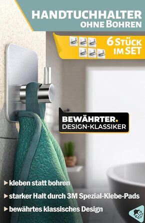 Рушникосушка Menz без свердління НАБІР 6 - гачки для рушників ванна з нержавіючої сталі, класичні функціональні гачки самоклеючі -