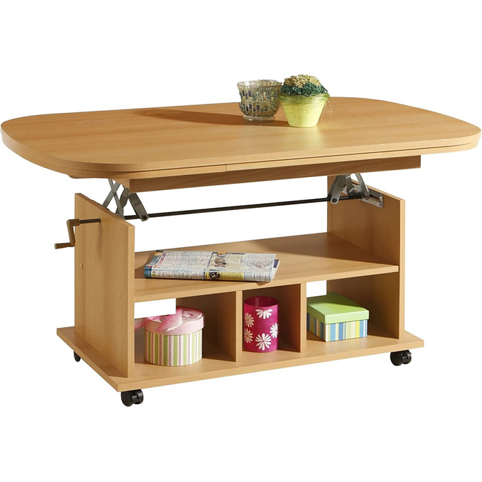 Функціональний журнальний столик Babsi, дерев&39яний матеріал з меламіновим покриттям, бук, регульована висота 53-63 см, розсувний 107-157 см, на колесах