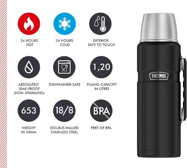 Термос THERMOS STAINLESS KING, матово-чорний, 1,20 л - нержавіюча сталь, герметичний, з чашкою для пиття та ручкою, 12 годин гарячої та 24 години холодної води, можна мити в посудомийній машині, без BPA